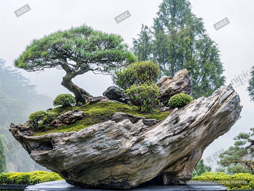 松樹景石