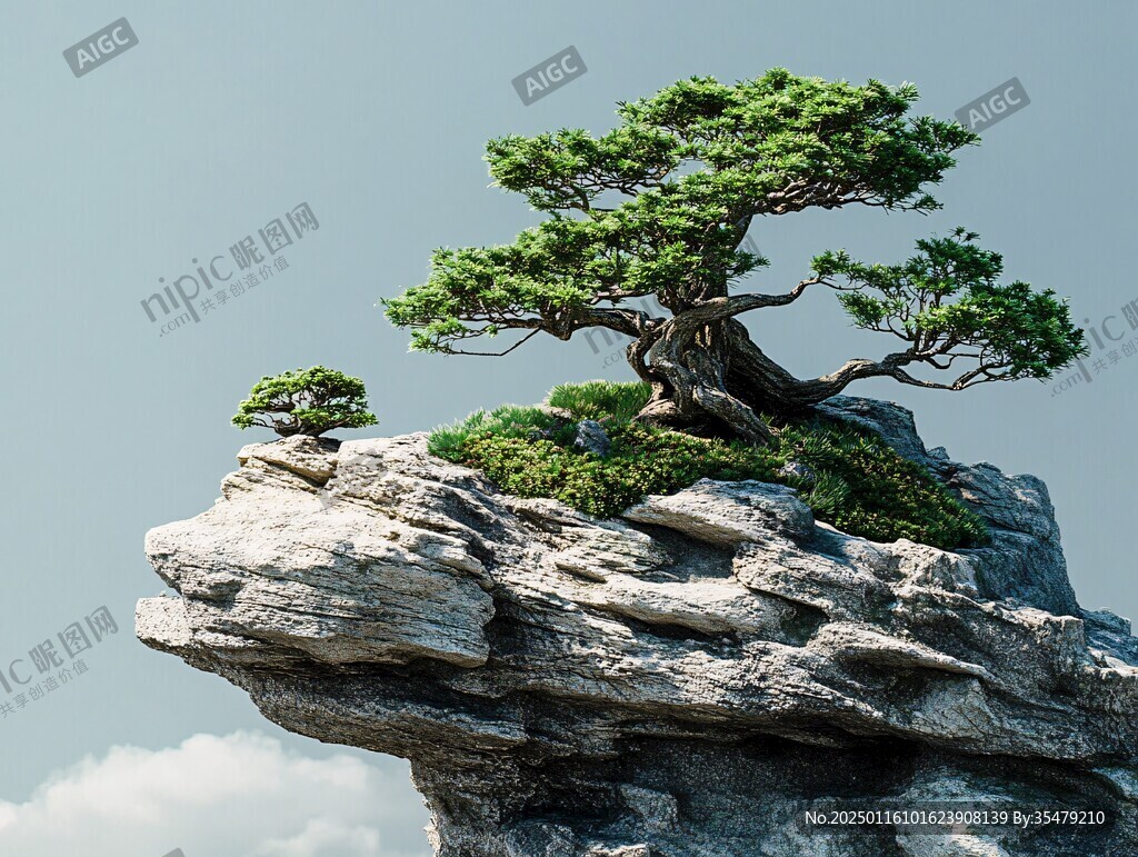 假山石上的盆景樹