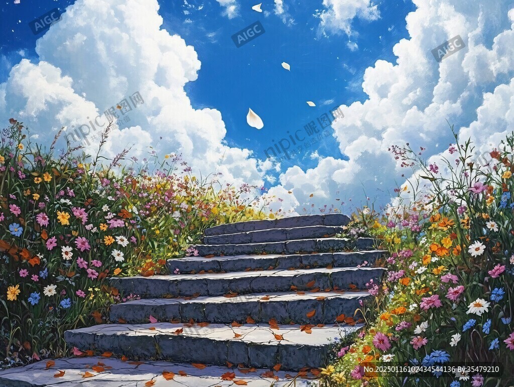 石階上掉落花瓣