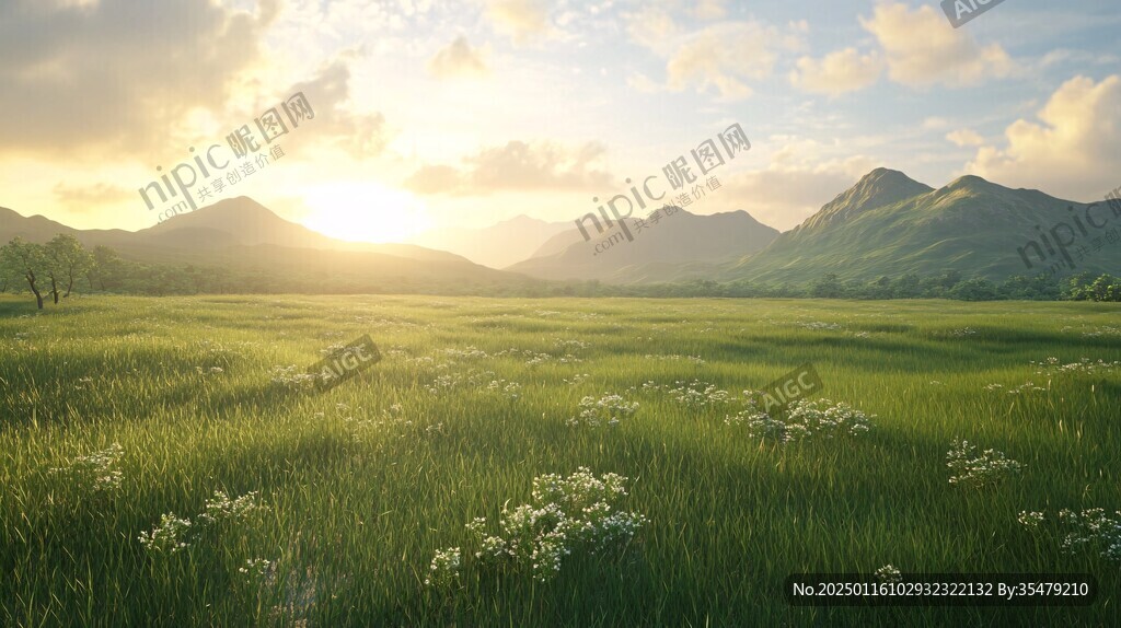 山地丘陵草場夕陽