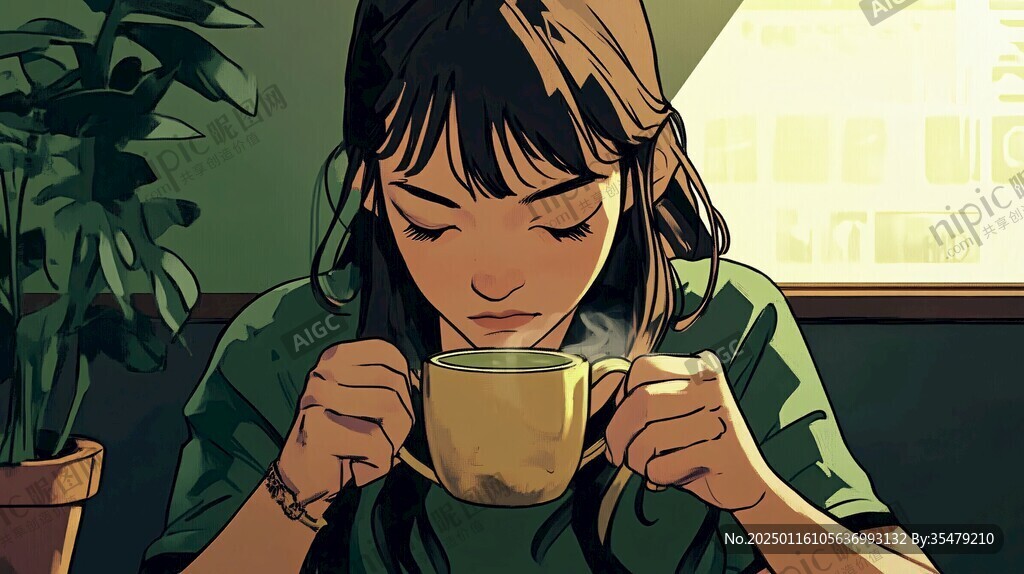 二次元女孩喝奶茶