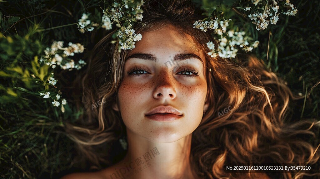 美女在花下