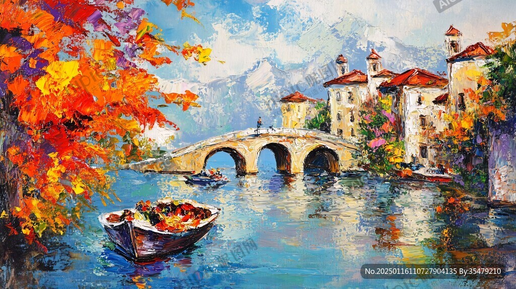 油畫風景油畫大橋