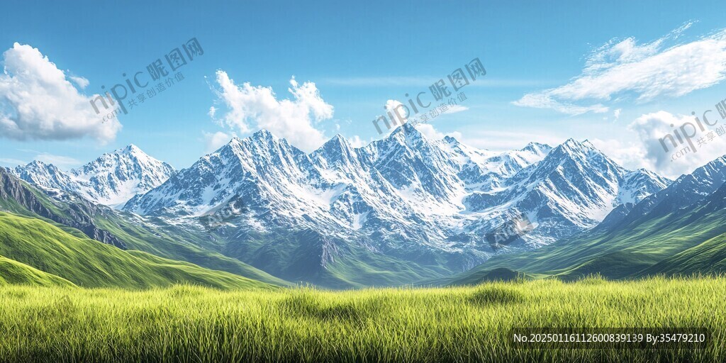 藍(lán)天白云山脈草地背景