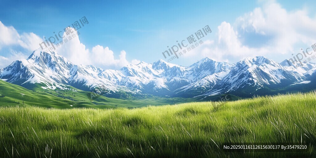 藍天白云山脈草地背景