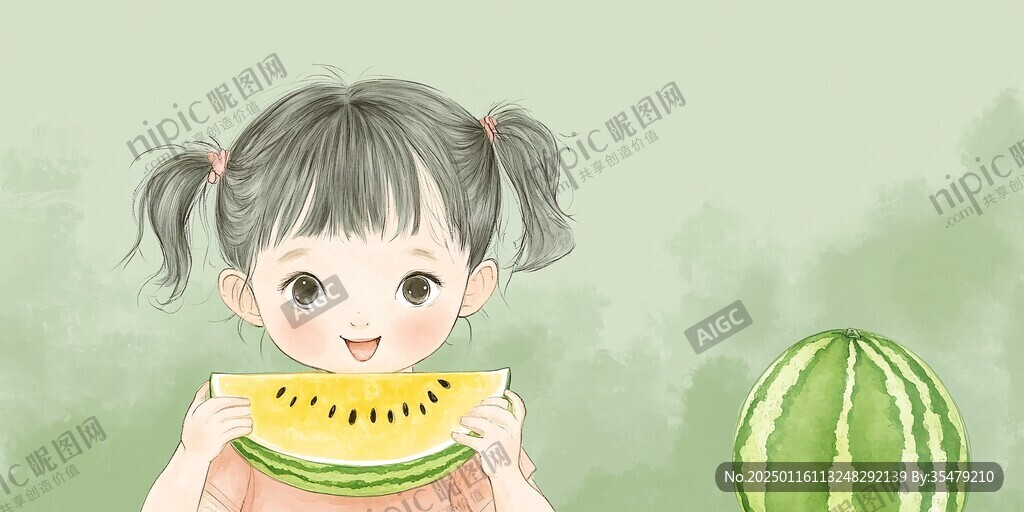 吃西瓜插畫