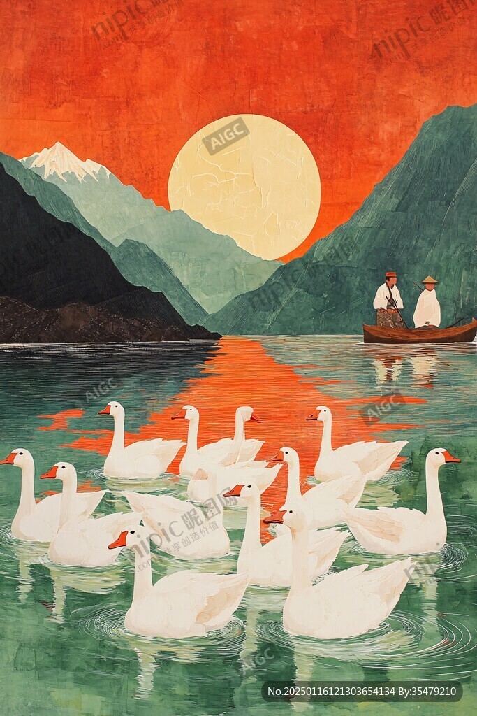 溪流小船白鶴落日山巒