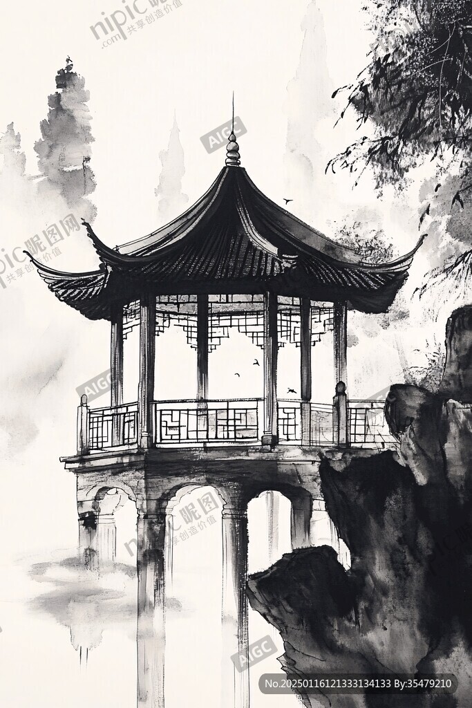亭臺樓閣意境插畫