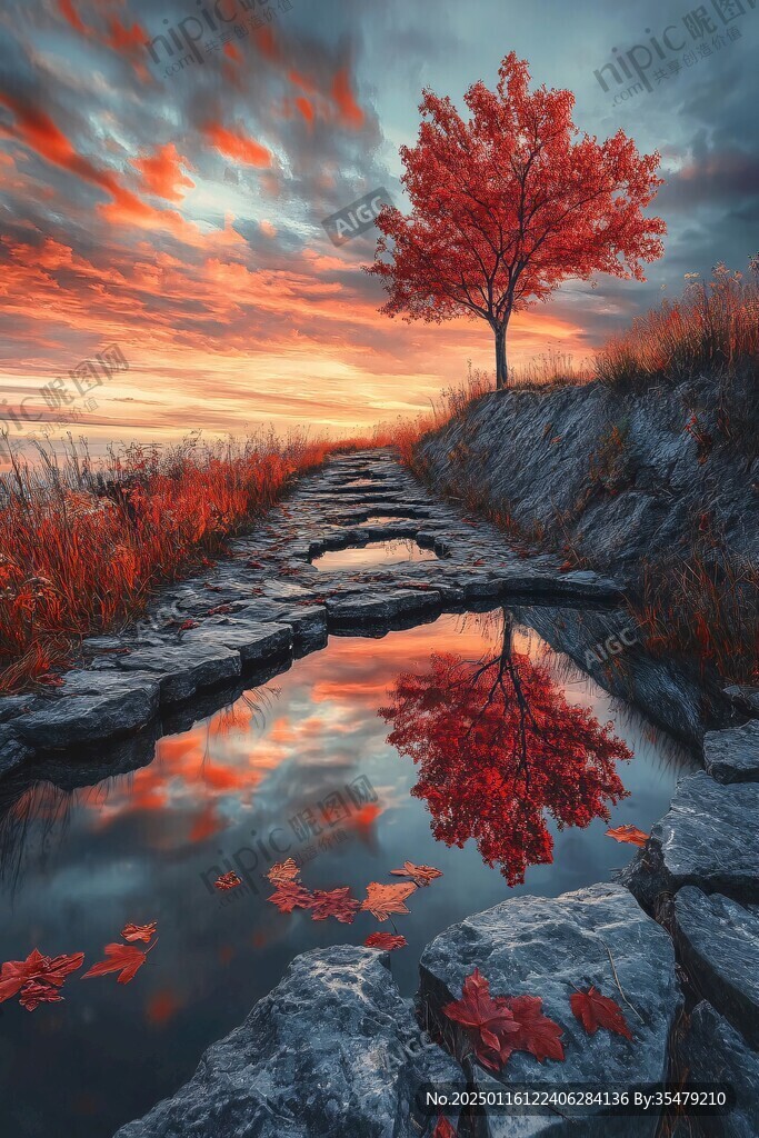 水景紅楓樹