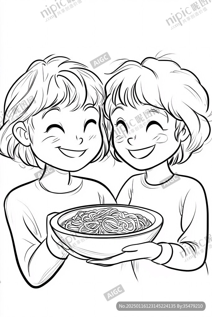卡通小女孩吃粉條面條
