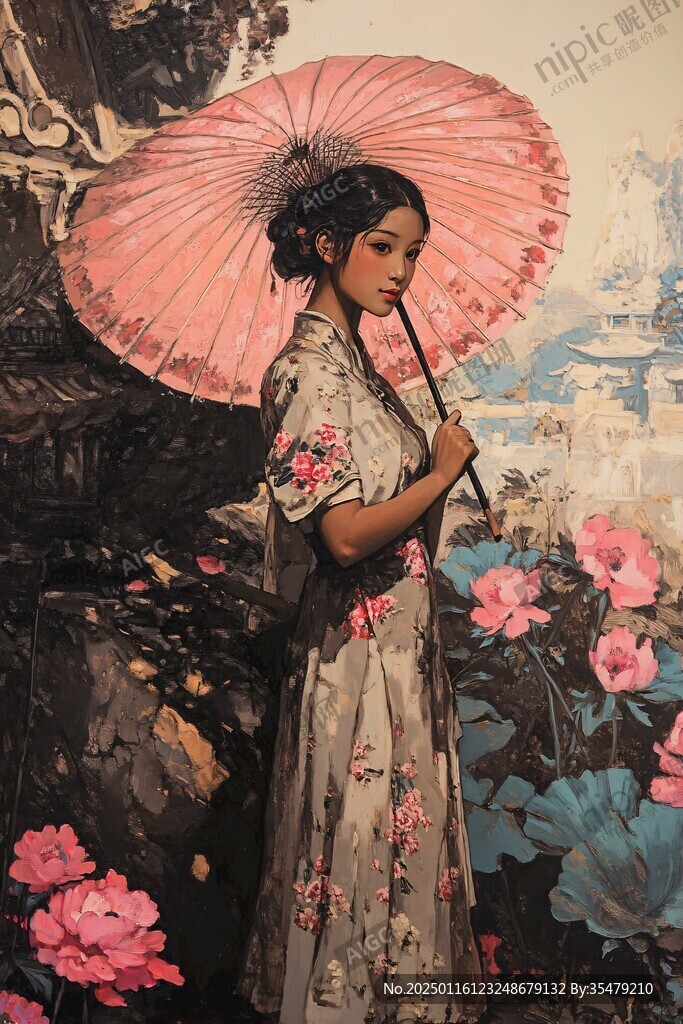 拿著油紙傘的女人蠟像