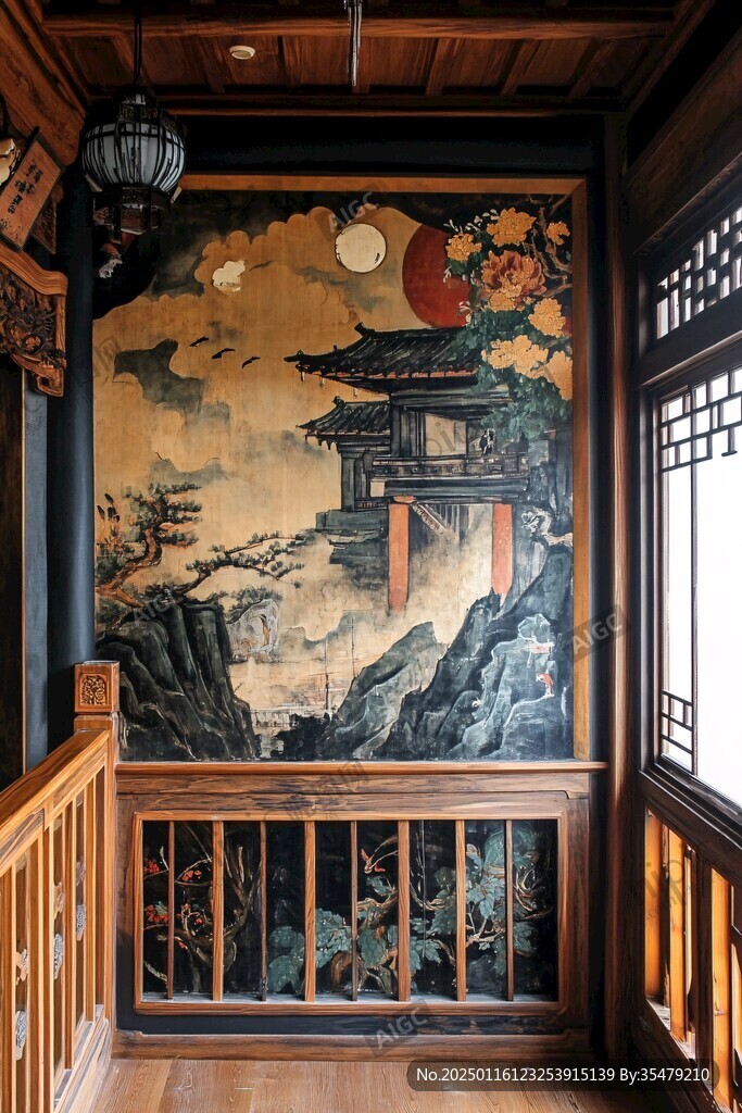 高端閣樓古建筑壁畫