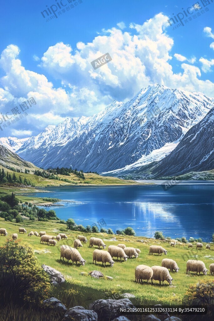 雪山草地羊群