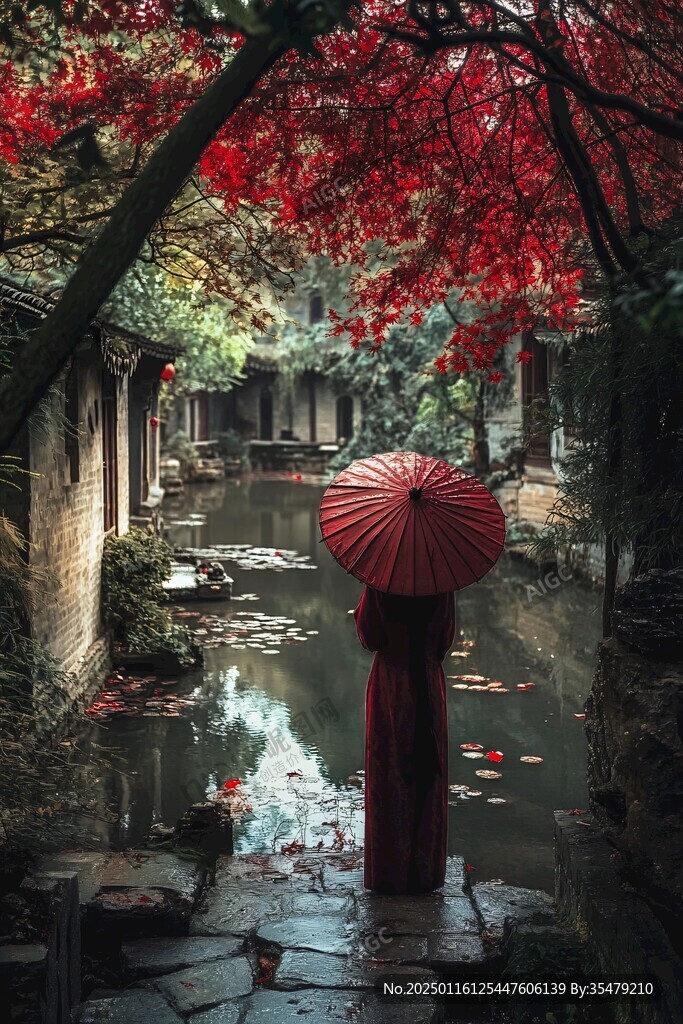 撐傘紅衣背影