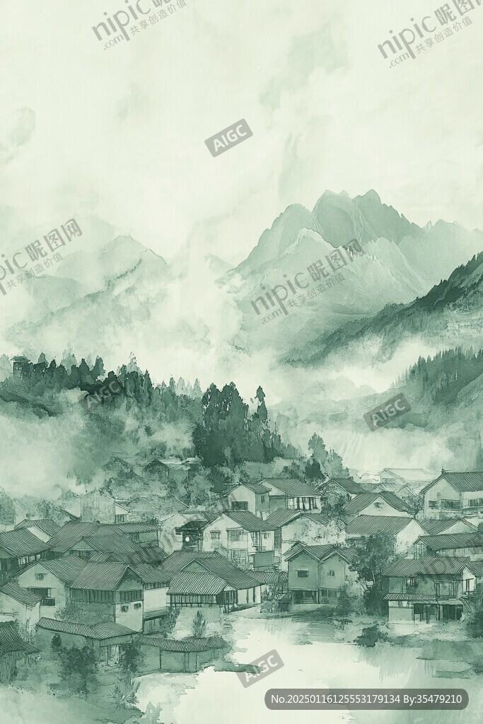 復(fù)古水墨山水古村落