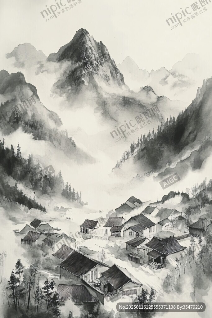 復(fù)古水墨山水古村落