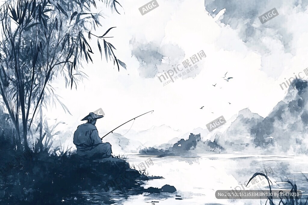 水墨漁夫垂釣水鄉(xiāng)