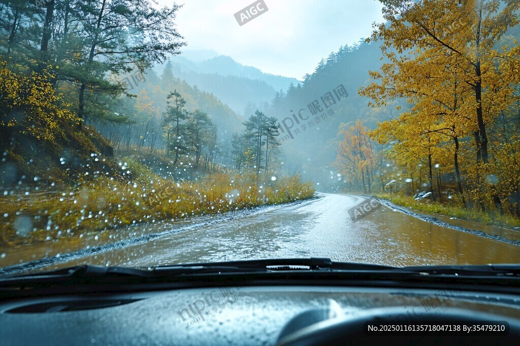 秋季森林道路下雨