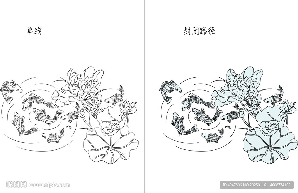 荷花與魚 矢量圖