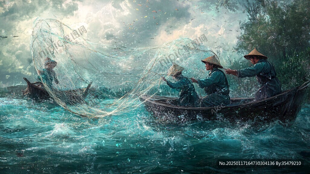 漁民撒網捕魚場景