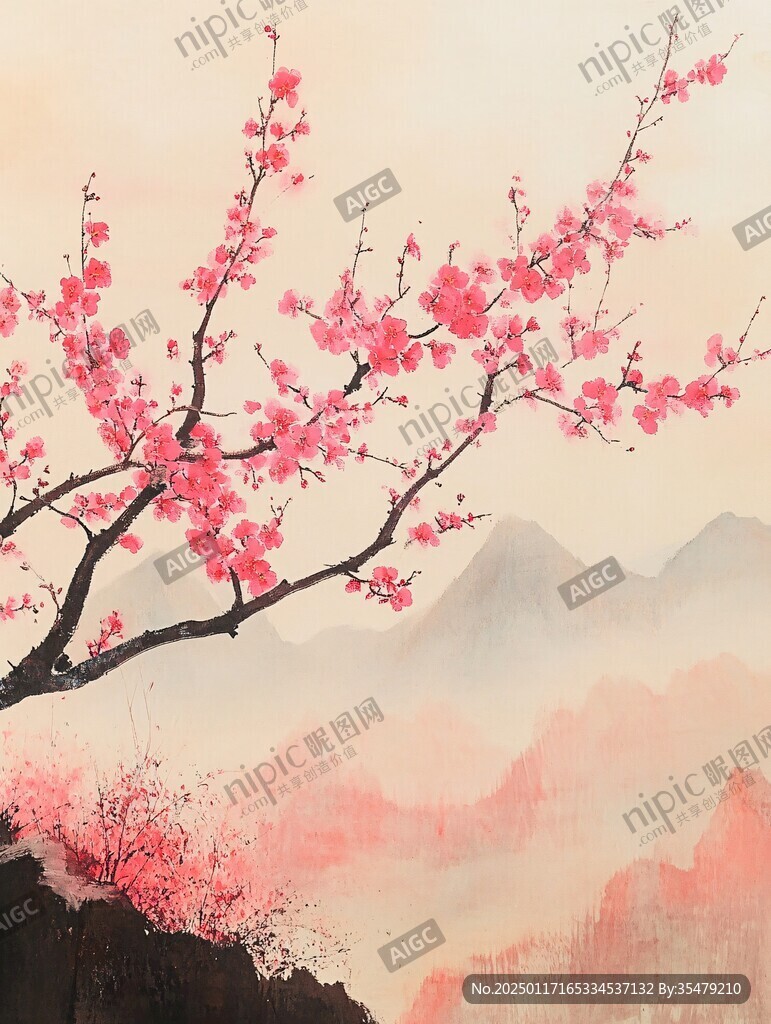 水墨桃花禪意山水