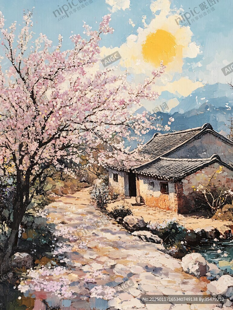 桃花風景油畫