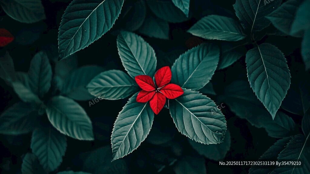 紅色綠色一片花瓣枝葉