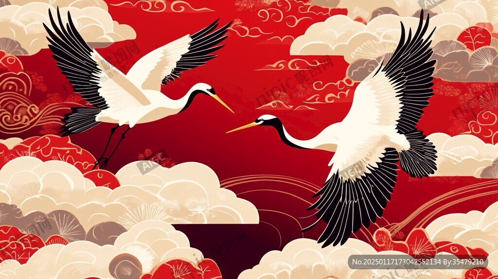 仙鶴云海插畫