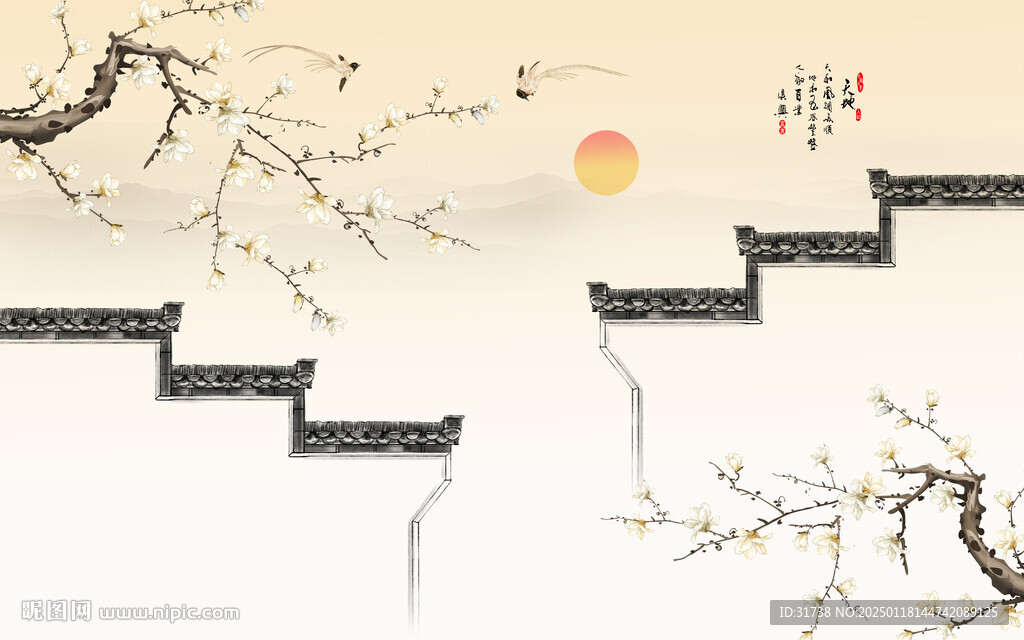 水墨江南花鳥畫玻璃門窗背景貼畫