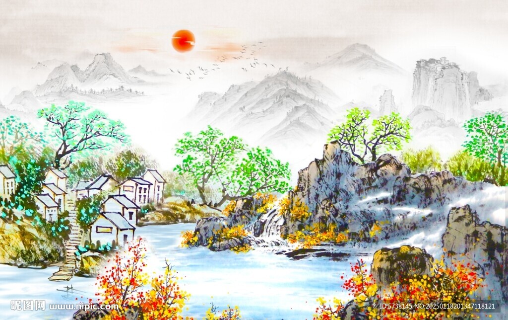 水墨山水江南水鄉水墨裝飾公司背
