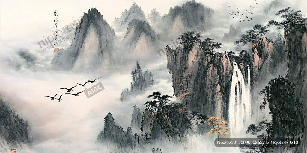 飛瀑山水畫