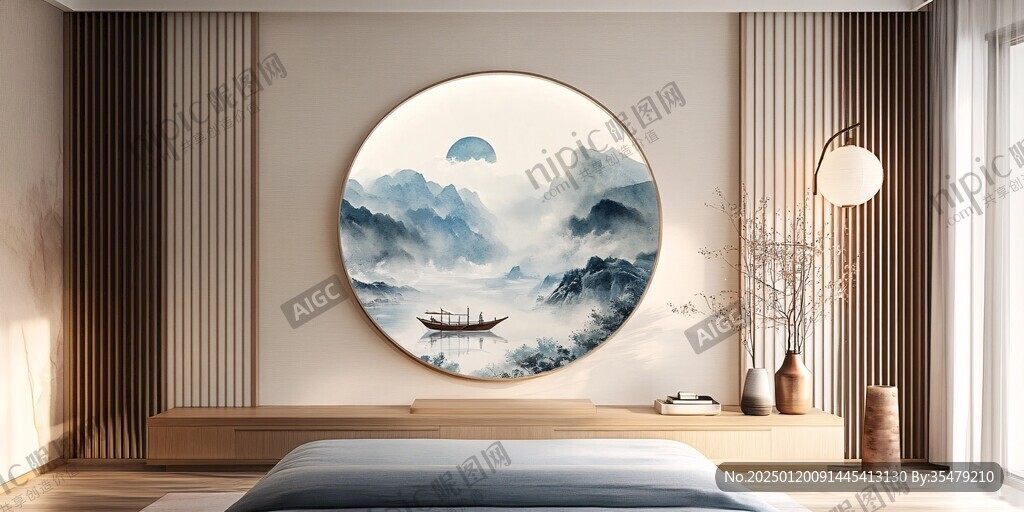 禪意山水圓形掛畫框畫