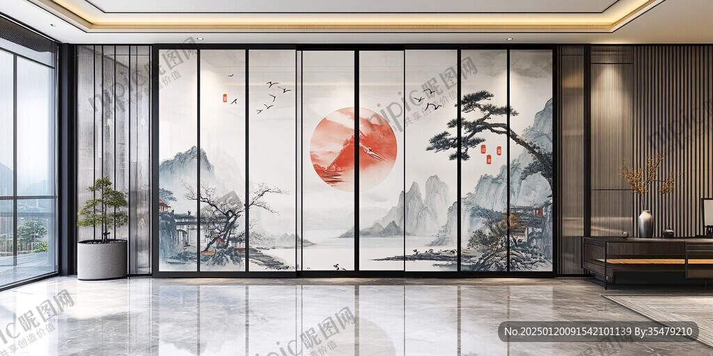 山水畫玻璃屏風