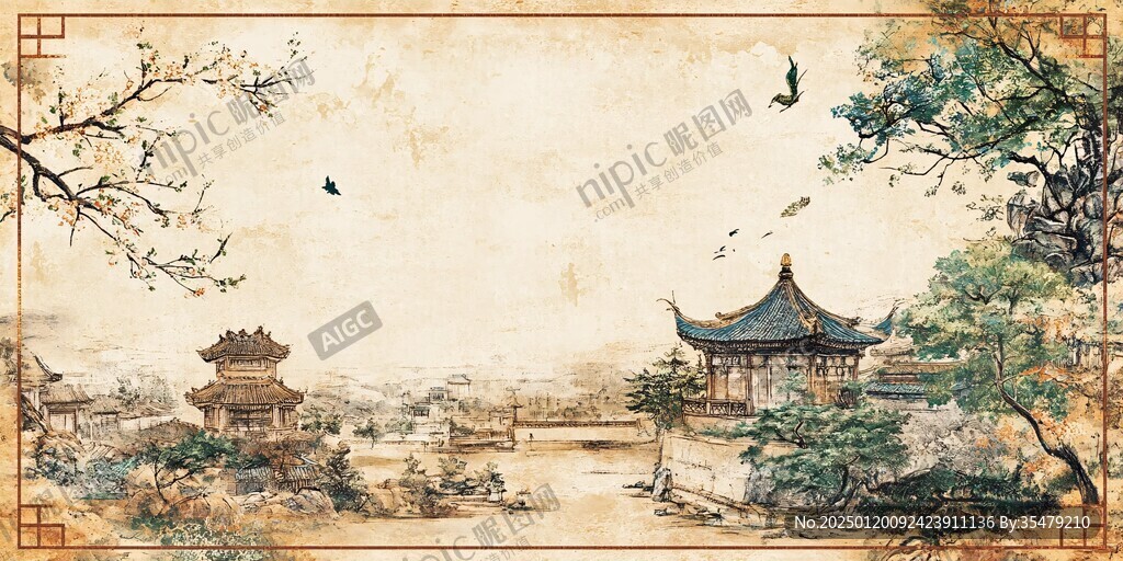 復古花鳥建筑背景