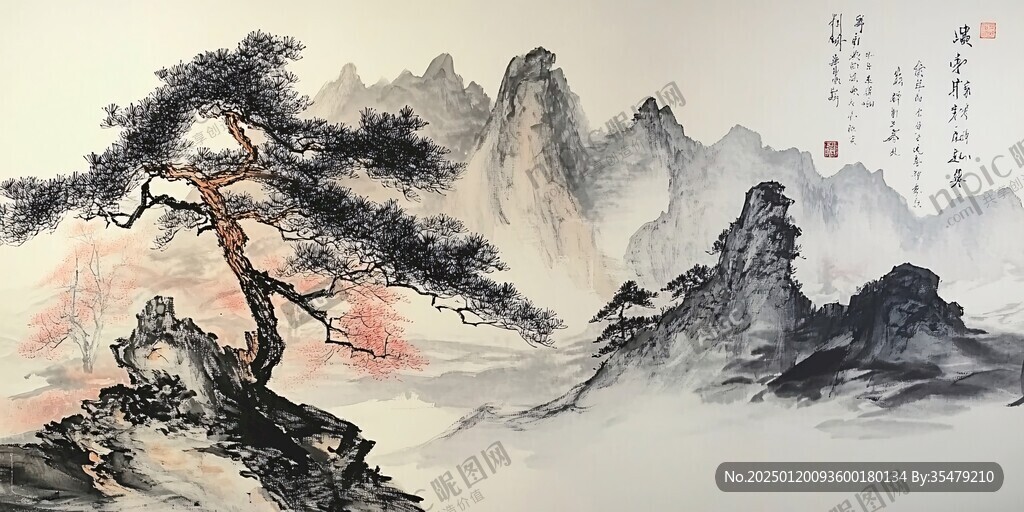 迎客松巨幅水墨畫