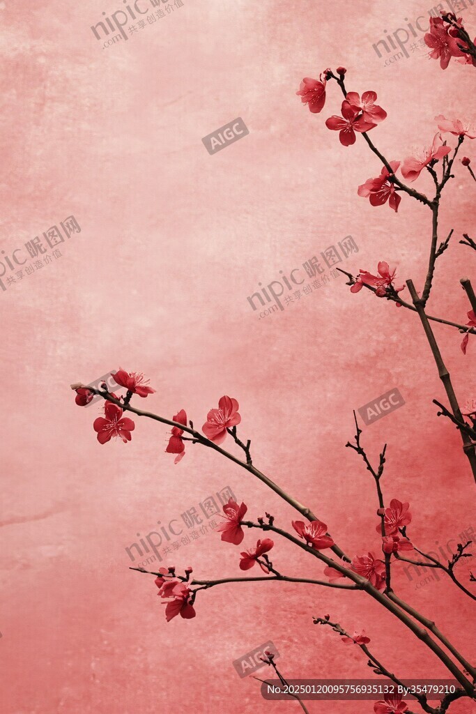 工筆手繪紅墻梅花