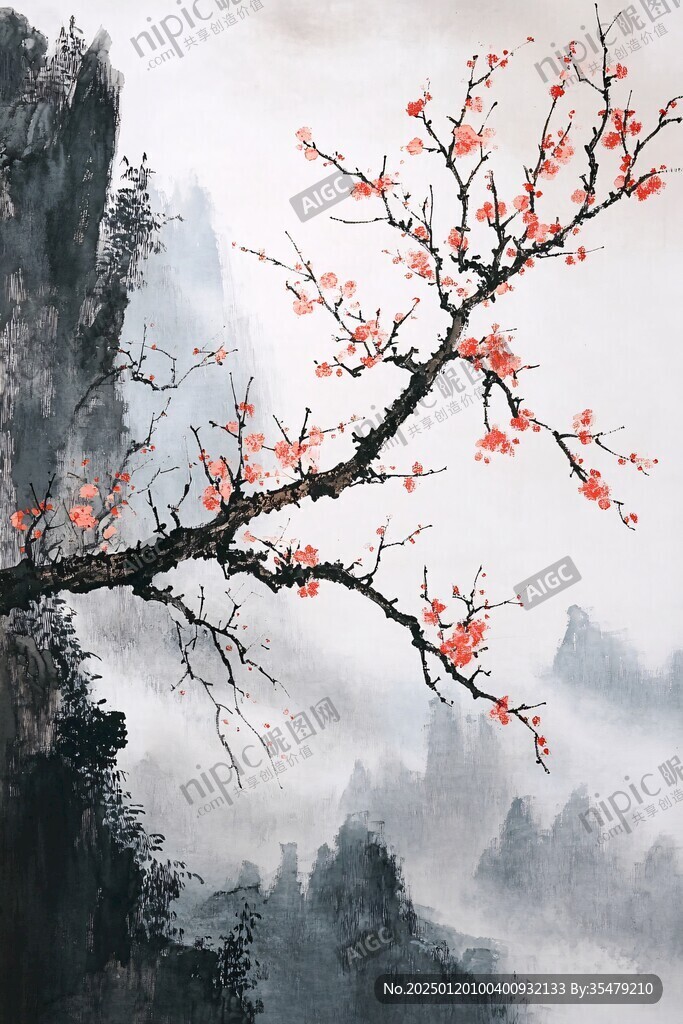 工筆紅梅山水畫