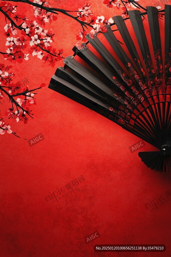 折扇紅墻梅花