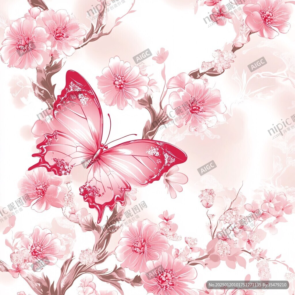 桃花蝴蝶插畫