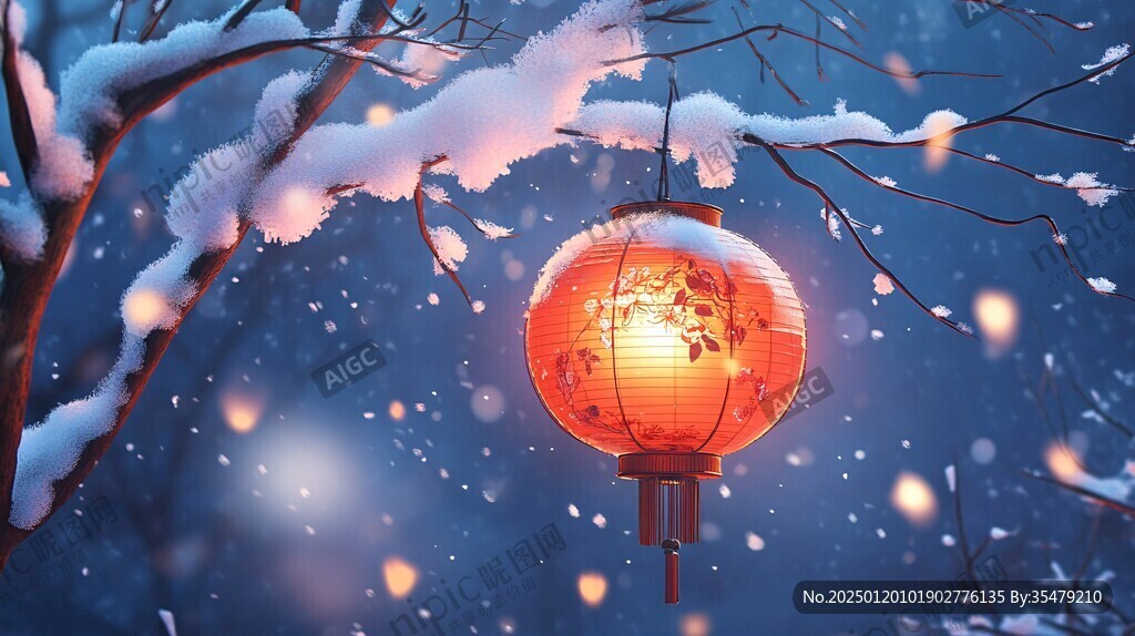 飄雪雪花雪景燈籠