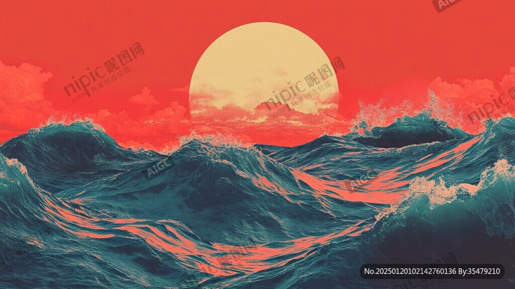 手繪海浪旭日東升