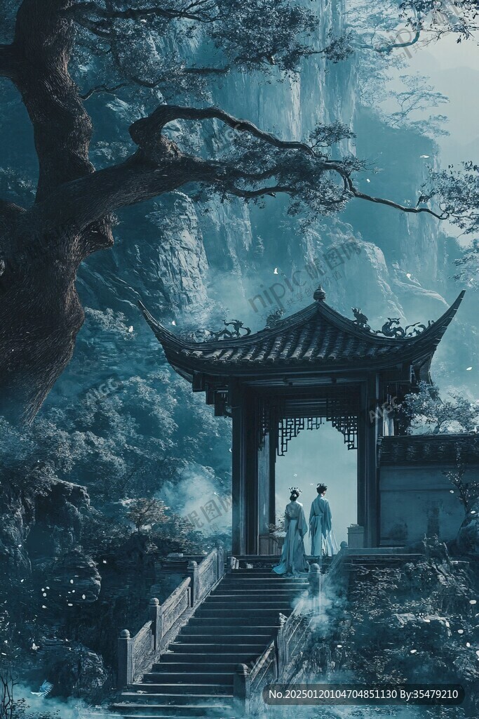 樓閣古風仙鹿仙景