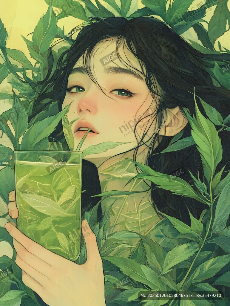墨綠色女孩插畫