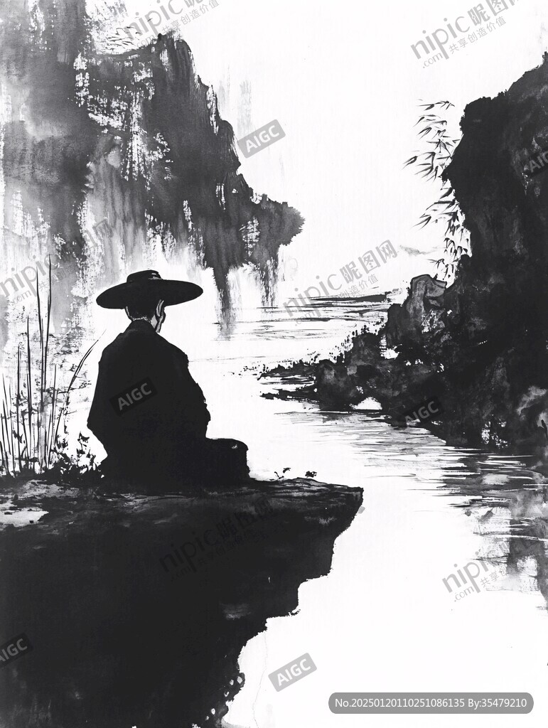 靜坐打坐水墨山水