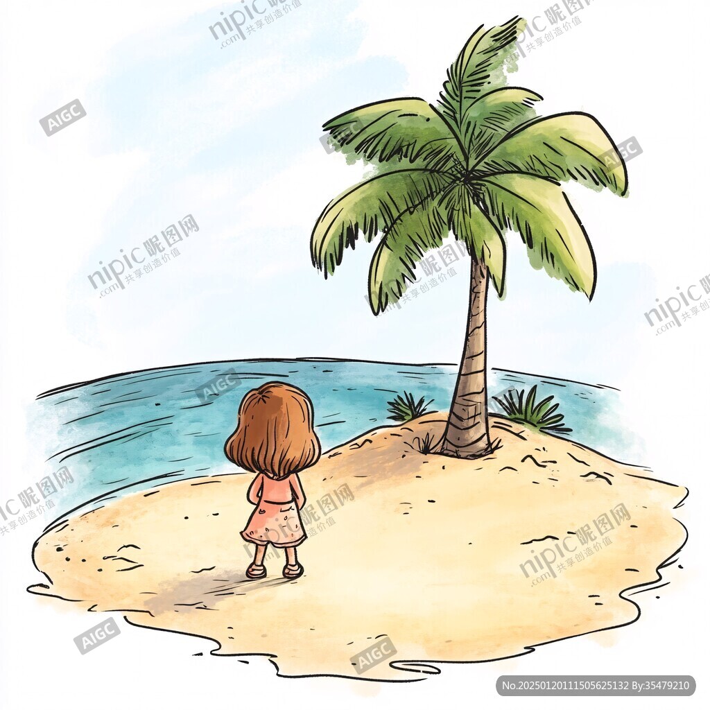 手繪海邊散步的小姑娘