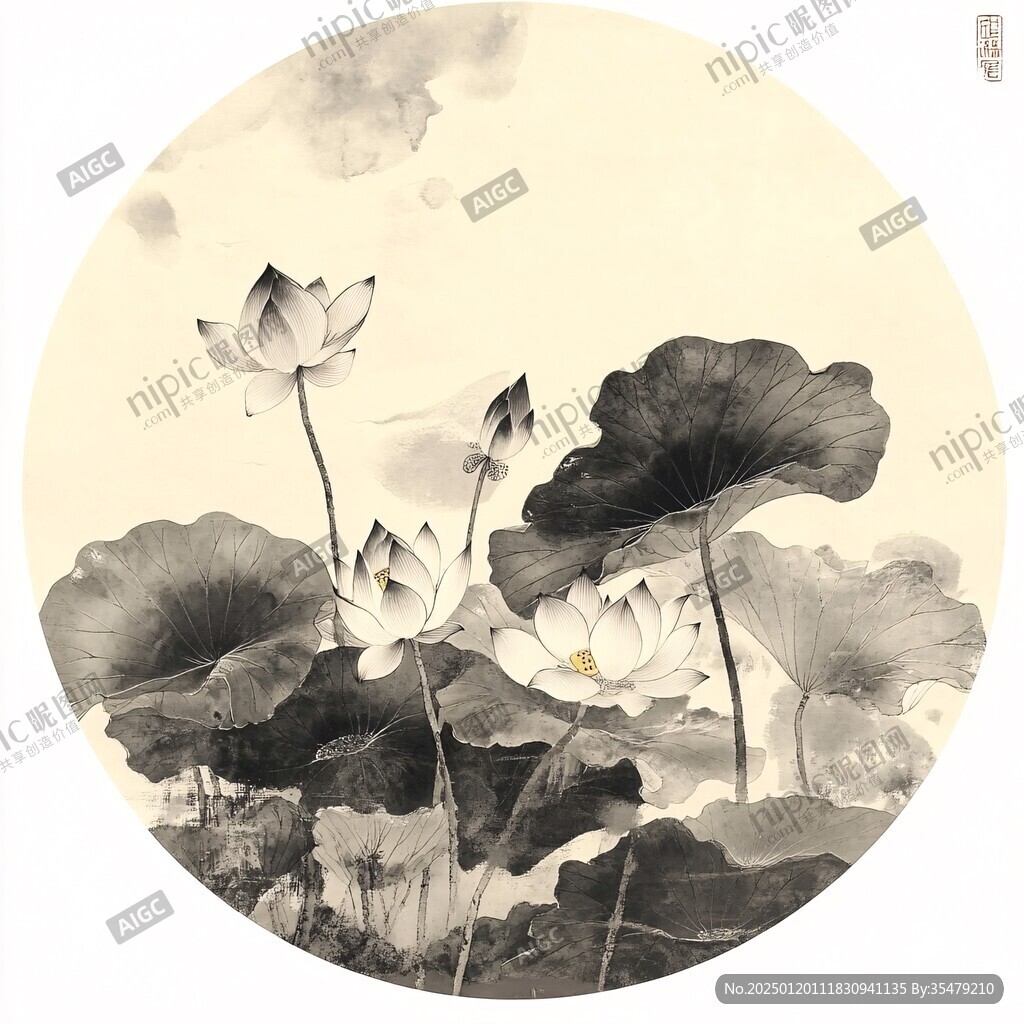 圓形小品荷花工筆畫
