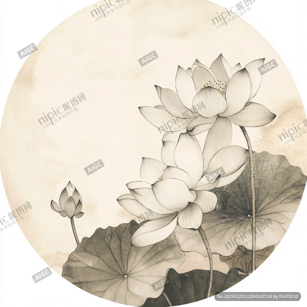 圓形小品荷花工筆畫