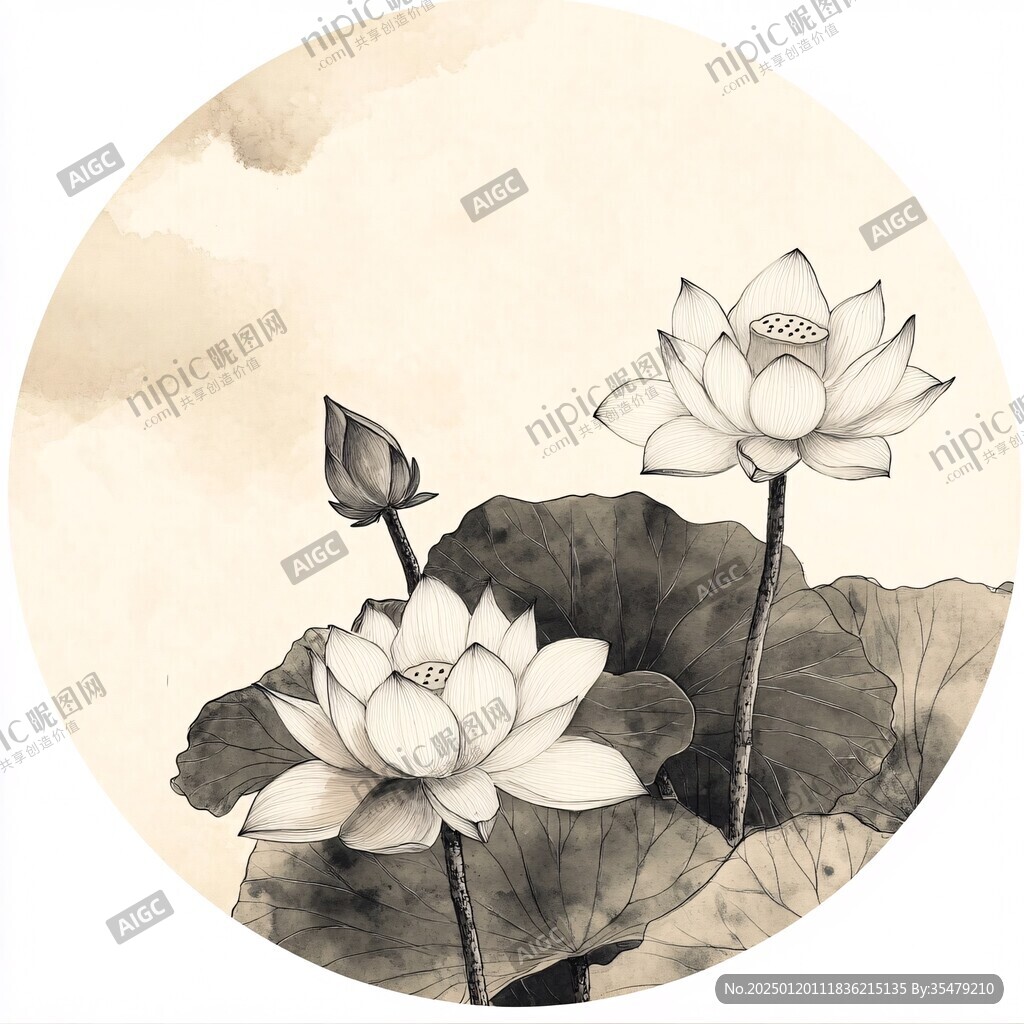 古風(fēng)水墨荷花圓形畫