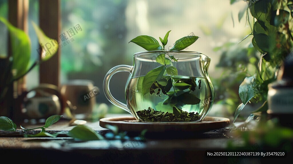玻璃杯中的綠色茶葉