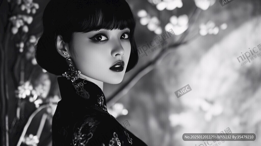 旗袍美女黑白圖